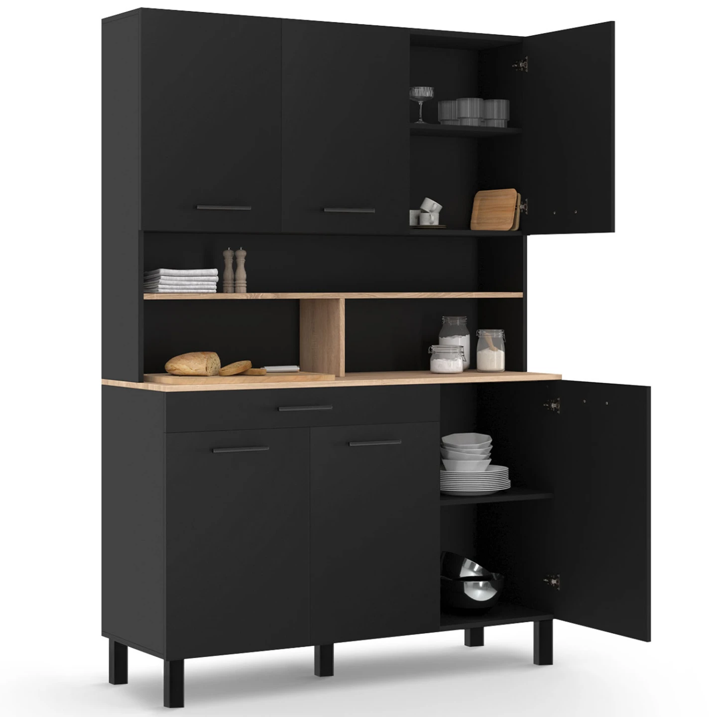 Buffet de cuisine 120 cm CINA 6 portes + tiroir noir et plateaux façon hêtre