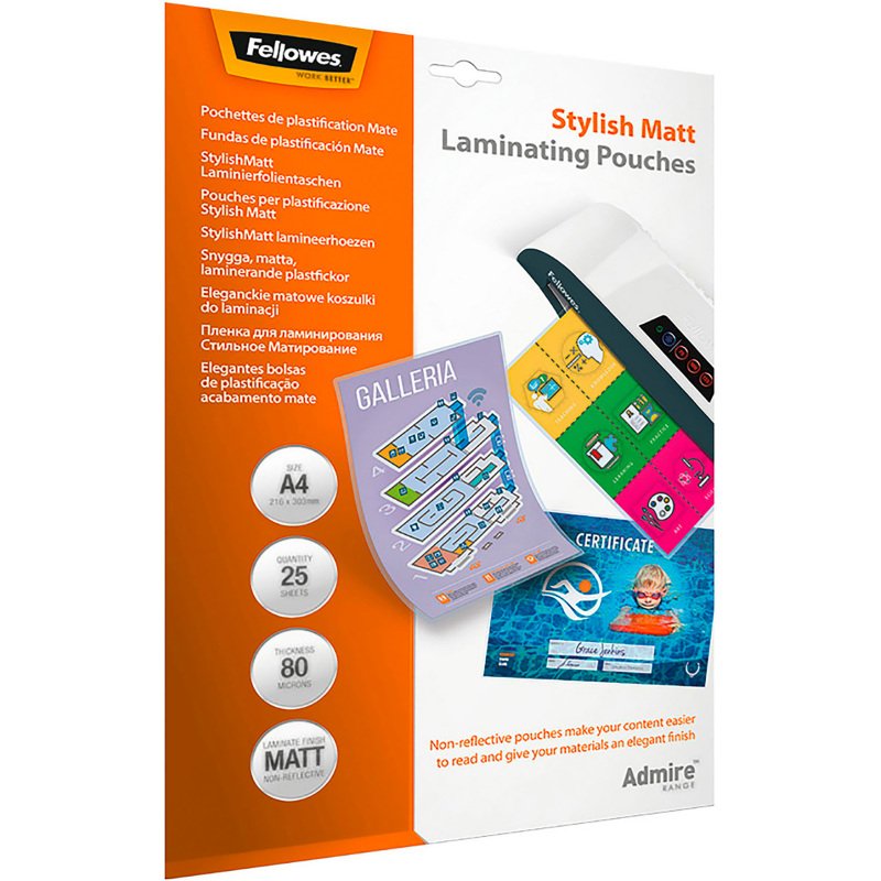 Pochettes de plastification Fellowes A4 2 x 80 µ mates - Boite de 25
