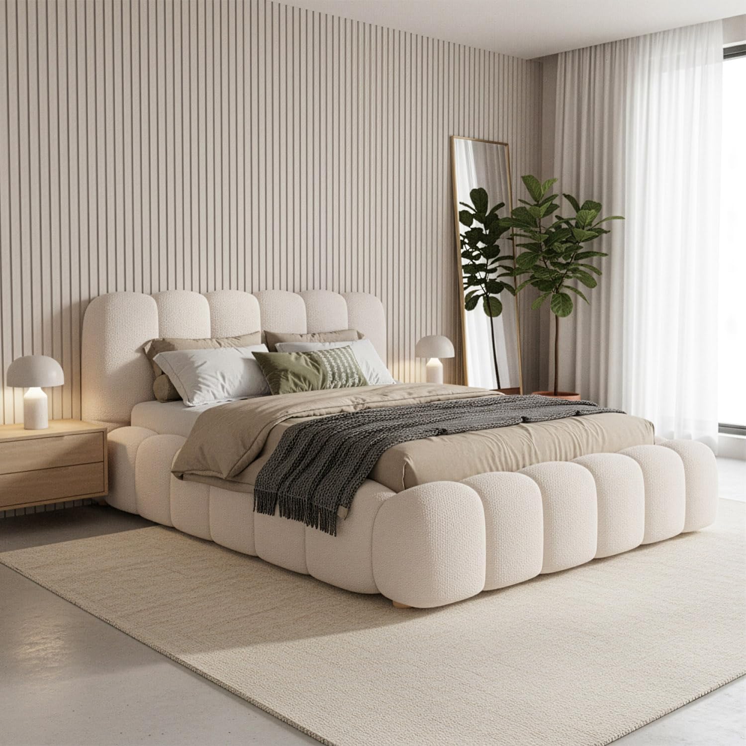 Juskys Polsterbett Catania - Modernes Bubble Design, gepolstertes Kopfteil, stabile Kontruktion- 140 x 200 cm - Creme