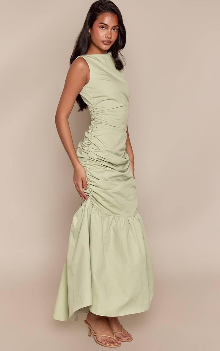 Vert Sauge Robe Mi-longue Froncée À Ourlet Évasé