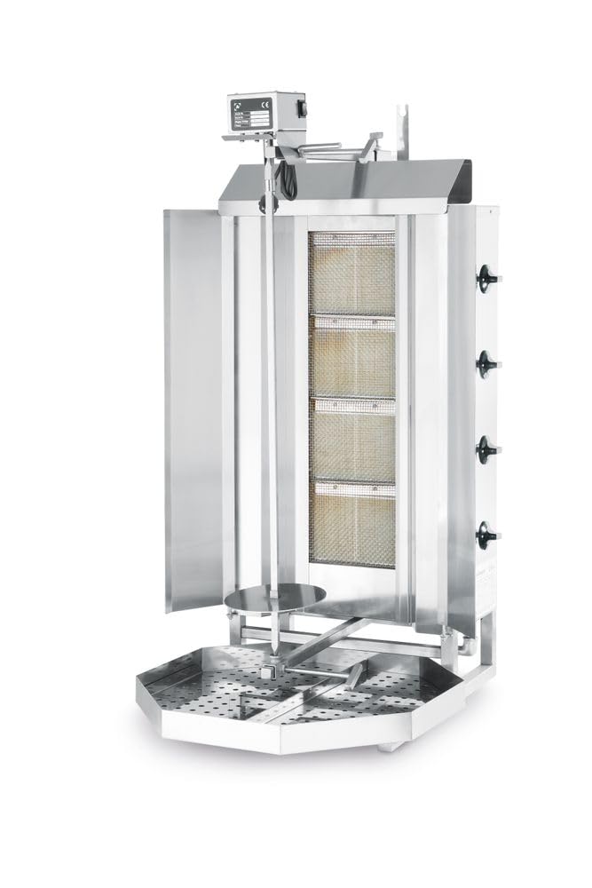 HENDI Dönergrill, Gyrosgrill, Vertikalgrill, Drehgrill, 4 Brenner, bis zu 80kg, geeignet für Erdgas, Umbausatz für Propangas enthalten, 230V, 470x550x(H)1150mm, Edelstahl