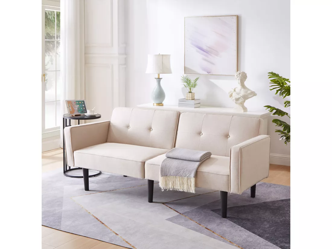 Canapé 2 places avec dossiers réglables - 176 x 76 x 74 cm - Tissu coton-lin et pièds en métal - Beige