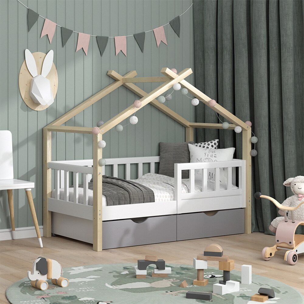 VitaliSpa Kinderbett Hausbett Einzelbett Design Weiß Grau Natur modern 70x140 cm Kinderzimmer Bett Massivholz Lattenrost Schublade Rausfallschutz Schubladenbett