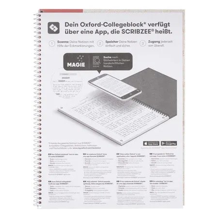 Oxford Recycling Collegeblock A4+, 80 Blatt, kariert Rand links, 90 g/m², 4fach gelocht, SCRIBZEE®, Optik Paper®