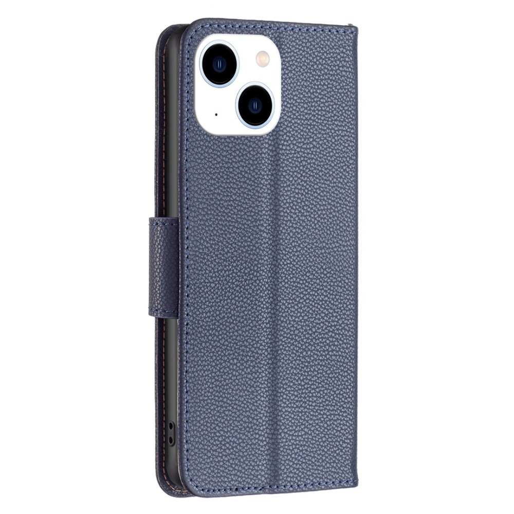 iPhone 14 Leder Tasche Flip Cover im Litchi Look mit Kartenfach   Handschlaufe - Dunkelblau