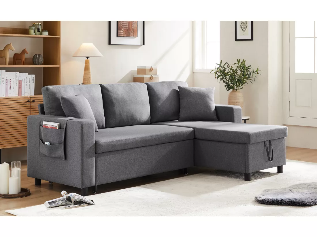 Canapé 3 places convertible en tissu lin - avec rangement et poches latérales - Gris