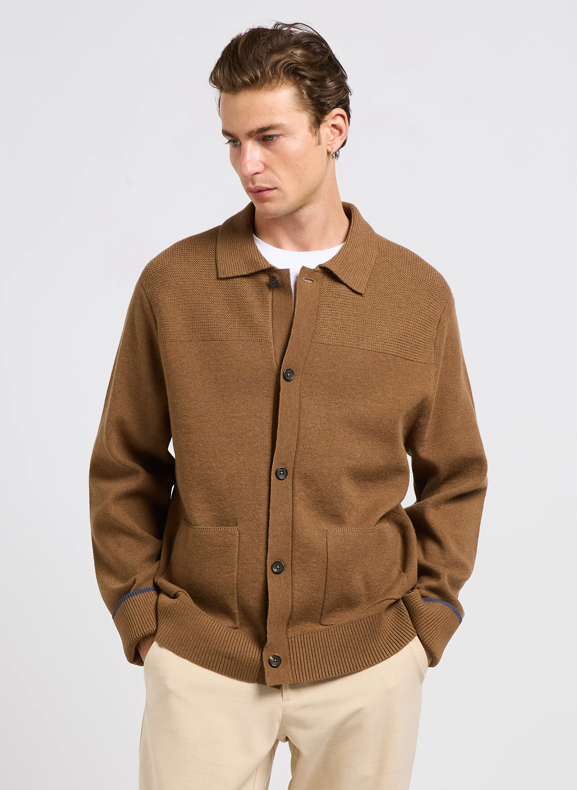 Gilet boutonné en coton et laine mélangés | Marron