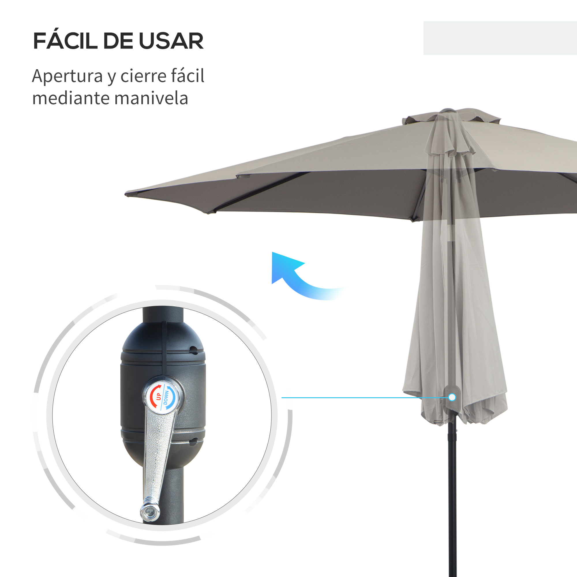 Guarda-sol de jardim Outsunny Ø295x250 cm com manivela, guarda-sol externo com mecanismo de inclinação e mastro de metal removível para terraço, piscina e pátio, cinza claro.
