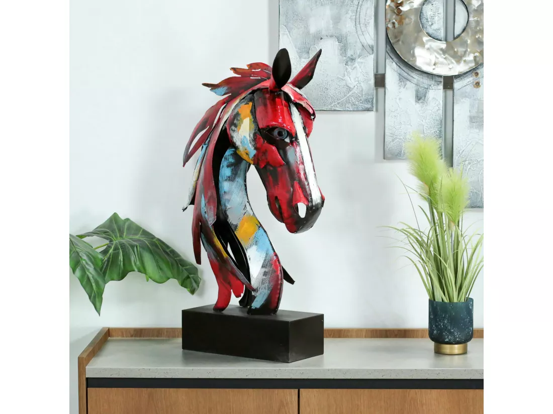 Tête de cheval en métal multicolore sur socle H75x47x21cm