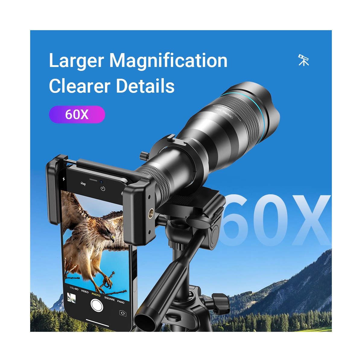 Utendørs 60X HD teleobjektivsett Sort