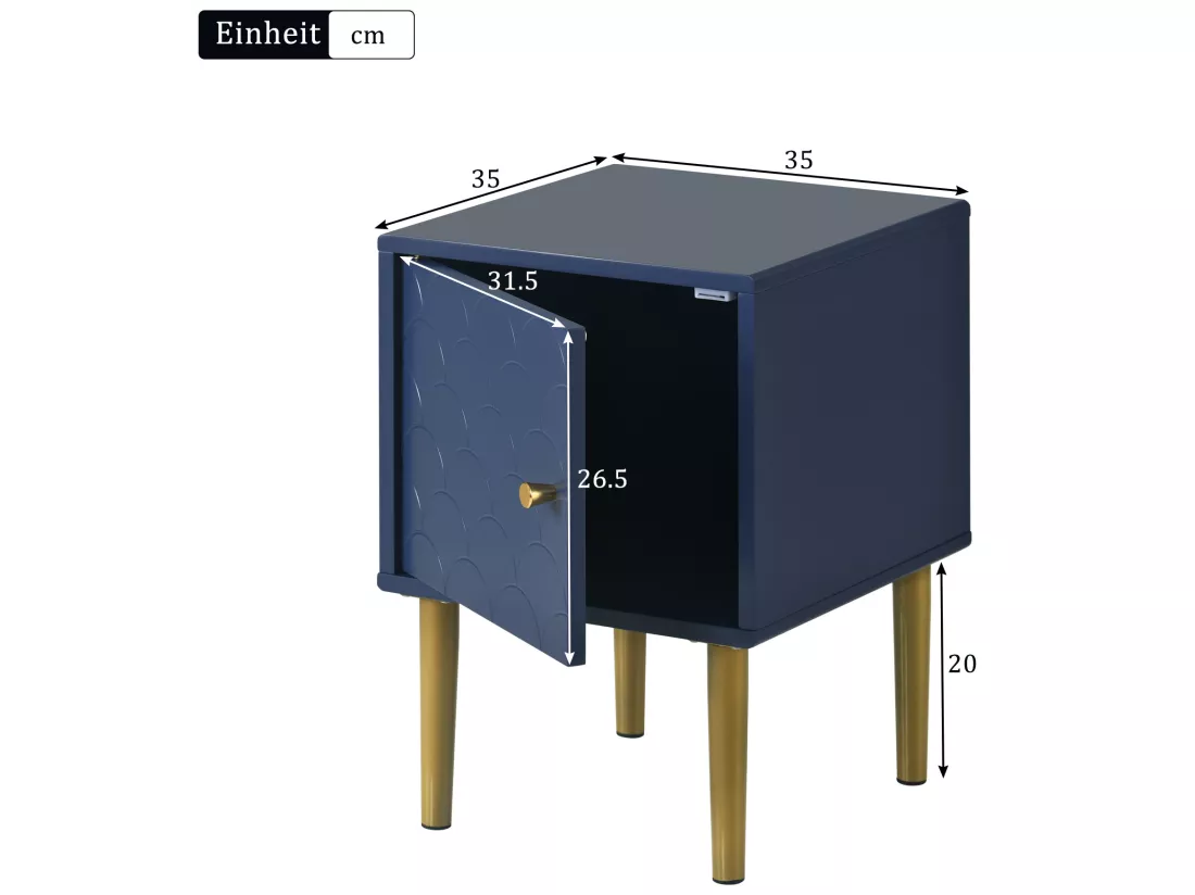 Table de chevet fsc certifiée, marine, avec motif d'écailles de poisson h50/l35/p35 cm