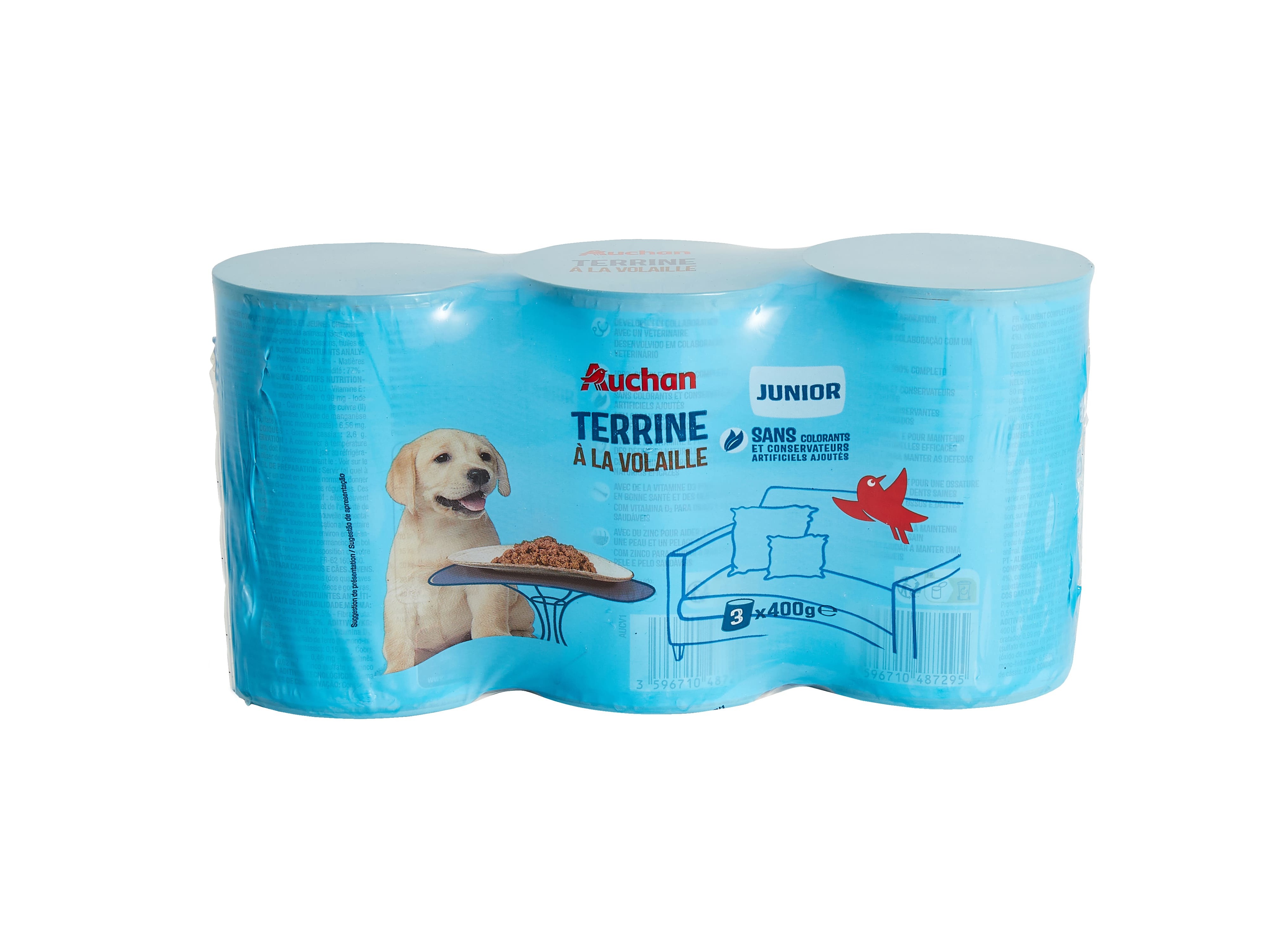 COMIDA HÚMIDA PARA CÃO AUCHAN JÚNIOR TERRINA AVES 3X400G