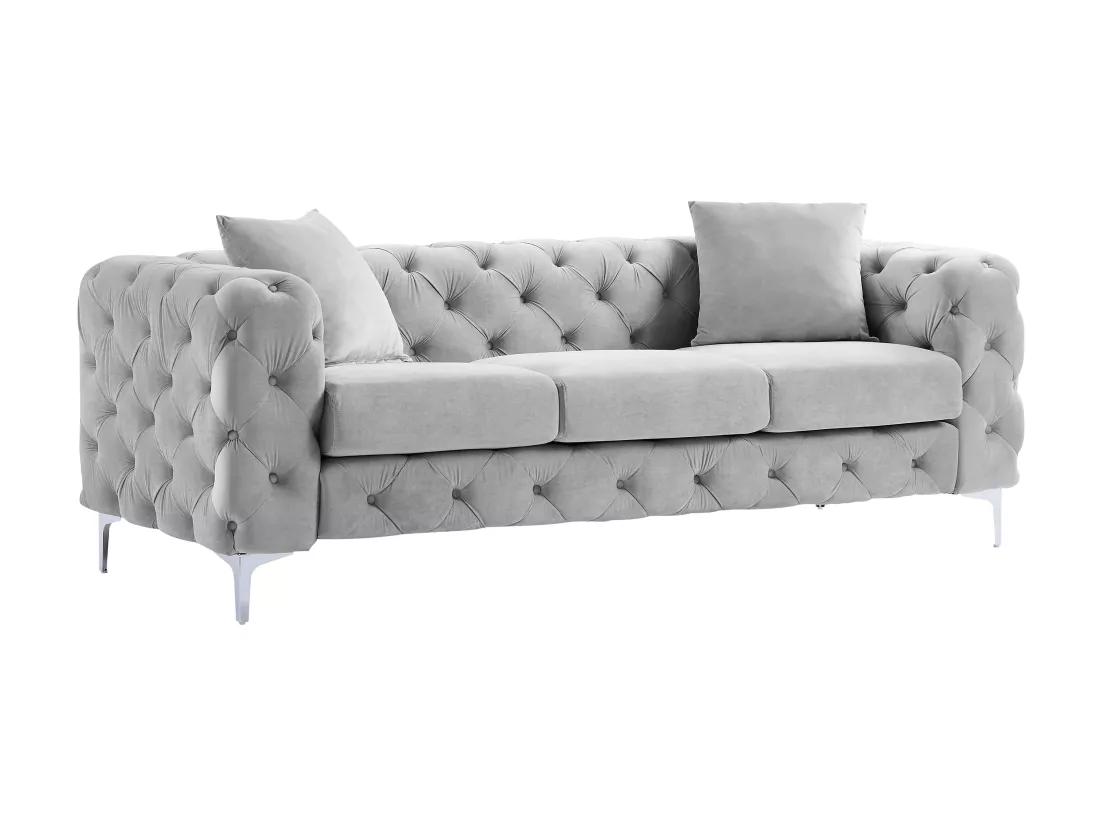 Canapé 3 places, fauteuil et pouf chesterfield en velours gris clair EDWINA