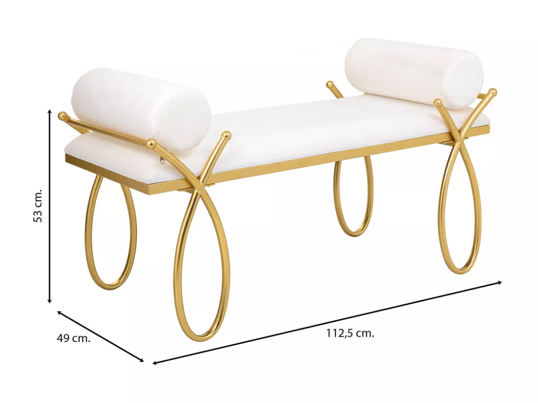 Banc en métal doré avec rembourrage blanc 112,5x49x53