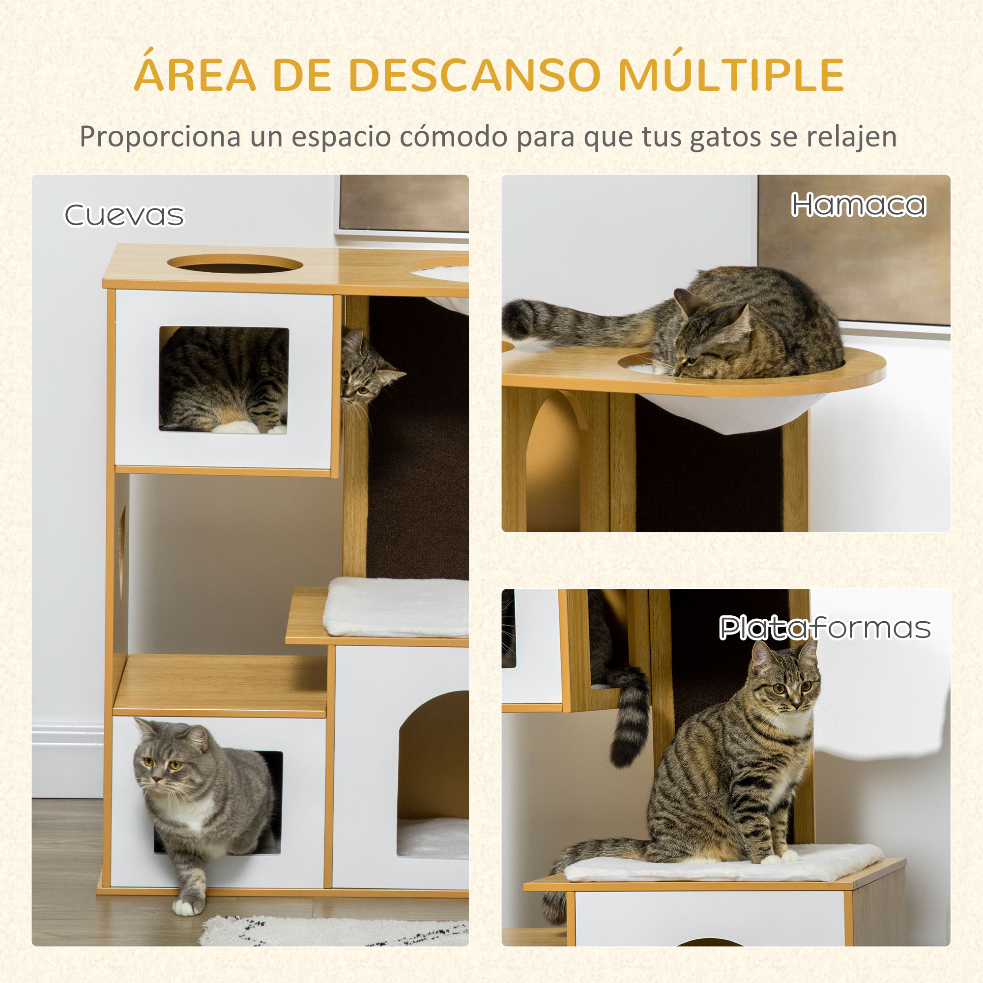 Árvore arranhadora para gatos PawHut, 92,5 cm de altura, torre para gatos com 3 casinhas de madeira, almofadas laváveis, arranhador e rede, 76x37x92,5 cm, carvalho.