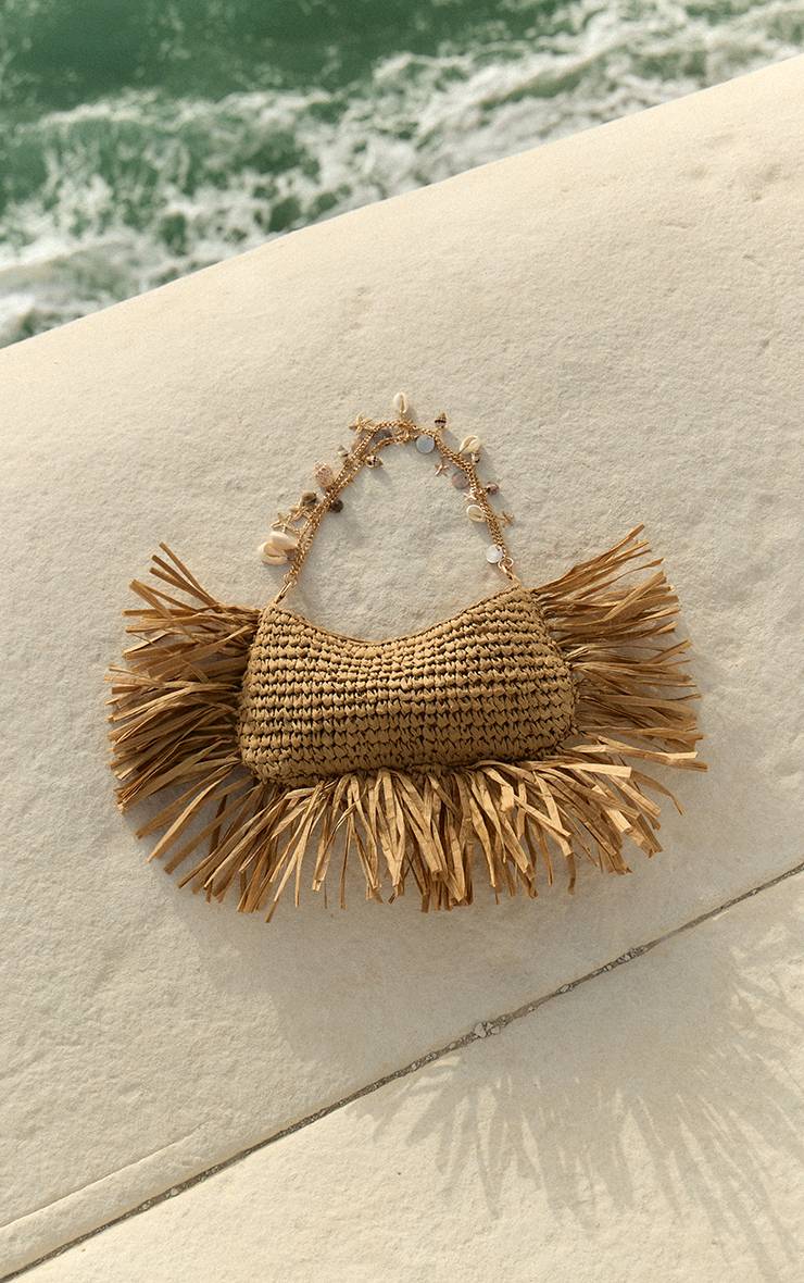 Naturel Sac À Bandoulière En Raphia À Franges Et Ornements De Coquillages