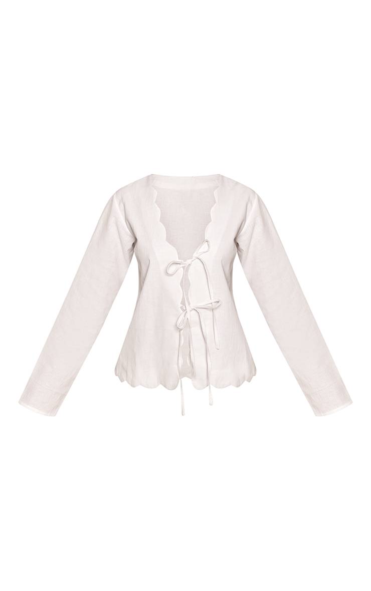 Crème Chemise Coordonnée Petite Aspect Lin Manches Longues À Bords Festonnés Blancs Avec Liens Devant