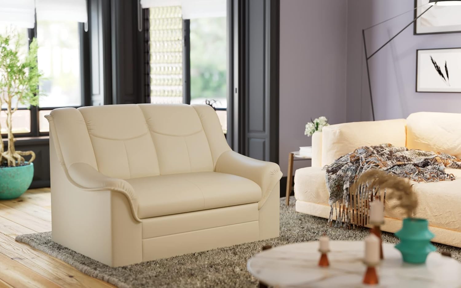 DOMO. collection Berlin Sofa/klassisches 2er Sofa/Zeitlose Garnitur mit weichem Kunstleder/Maße: 143/90/89 cm (B/T/H) / Farbe: beige (weiß)