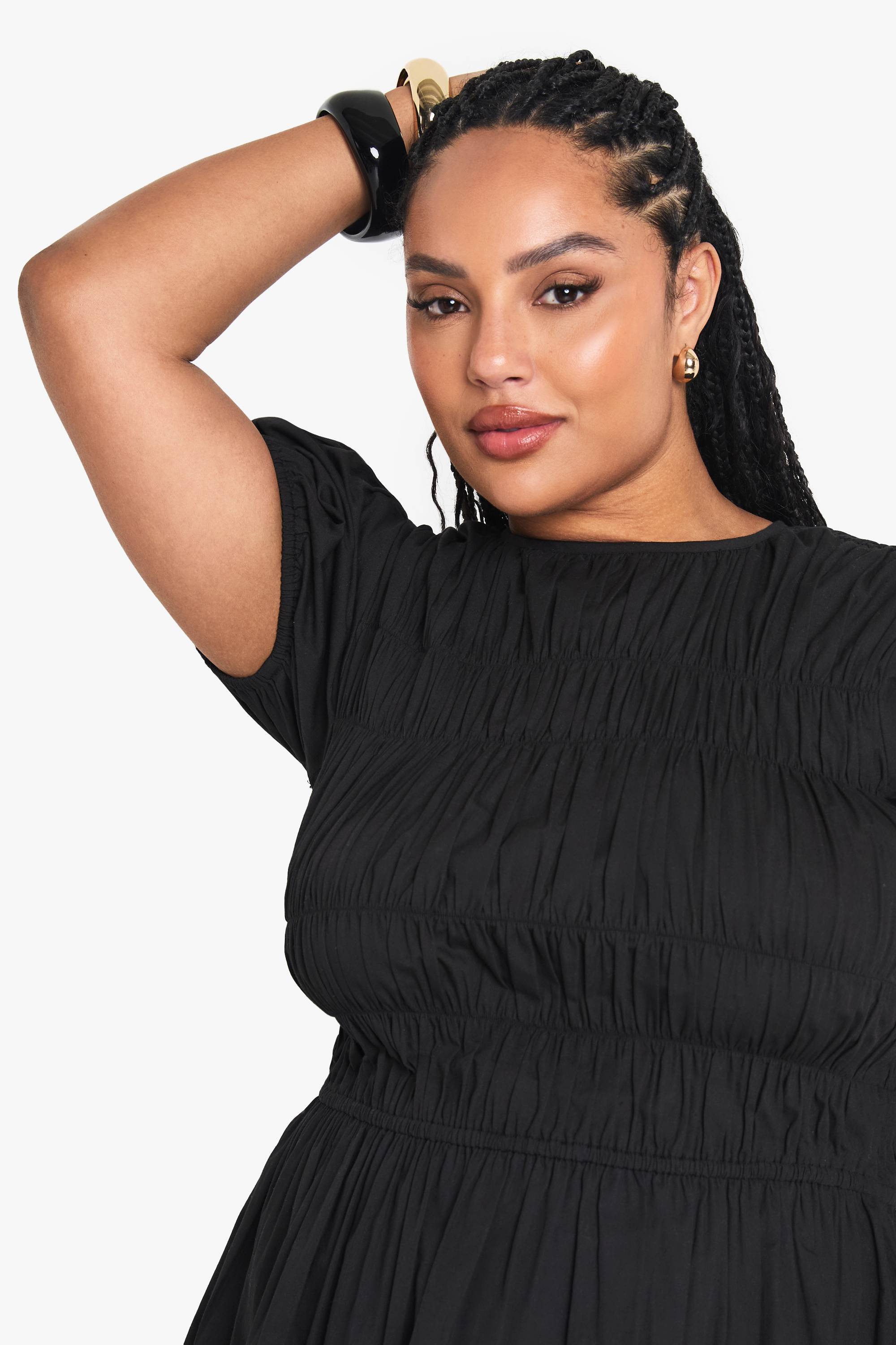 boohoo Robe Skater en Coton Shirred Grande Taille