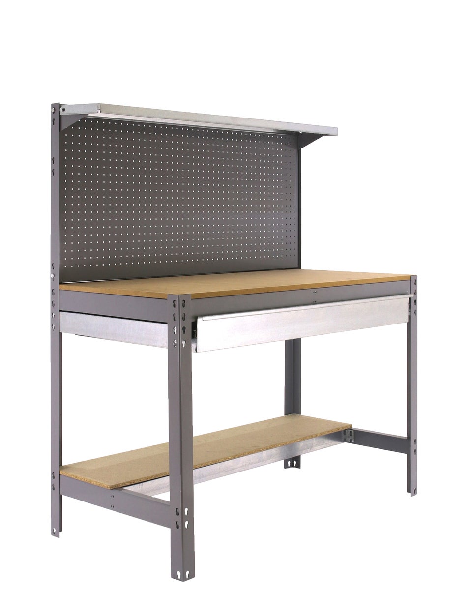 PROREGAL Buffalo werkbank met gereedschapswand, lade en plank, HxBxD 84 x 120 x 61 cm, draagvermogen 600 kg, grijs