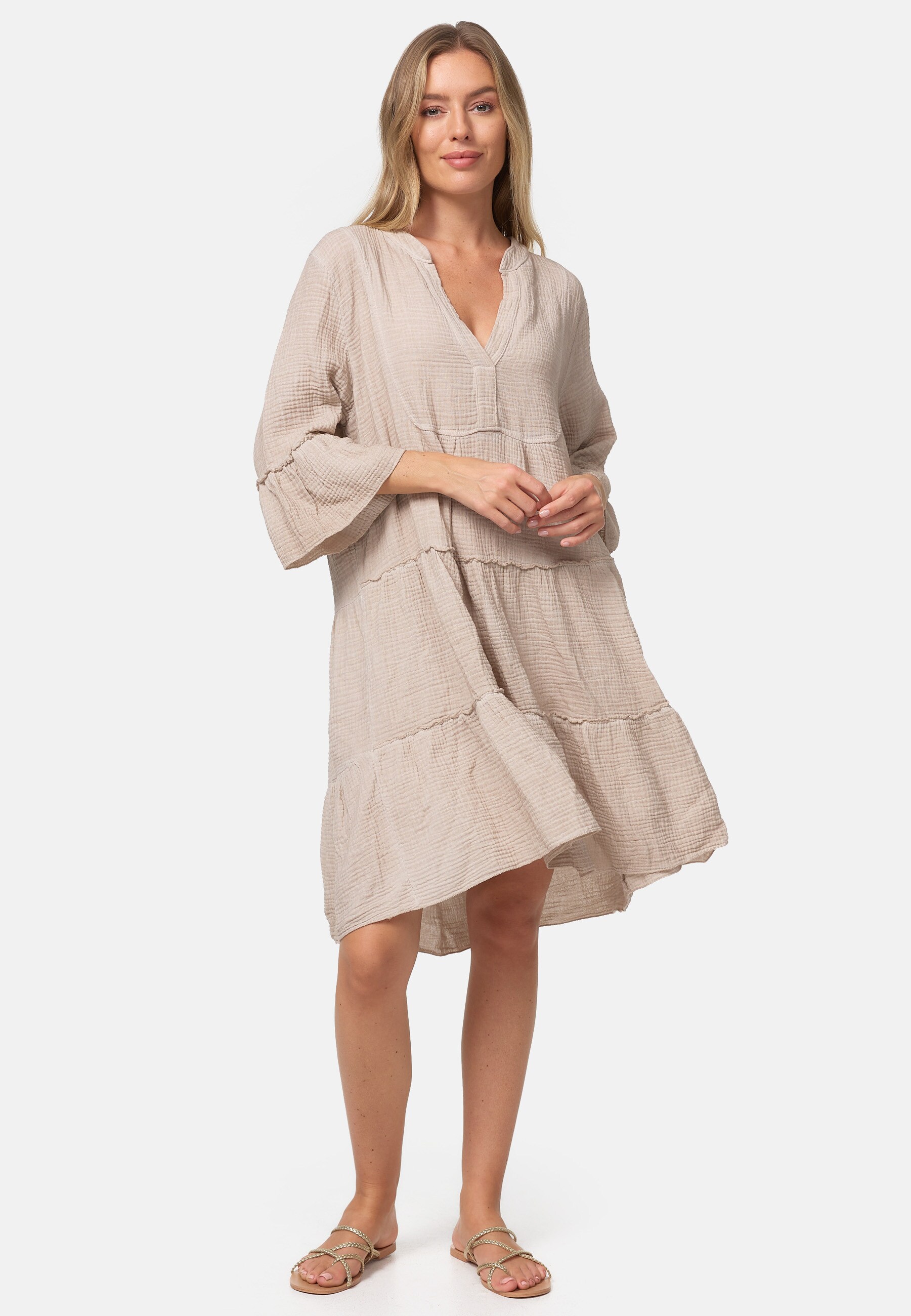 PM SELECTED Damen Leichtes Sommer Minikleid aus Musselin mit Rüschen & 3/4 Ärmel in Einheitsgröße PM39