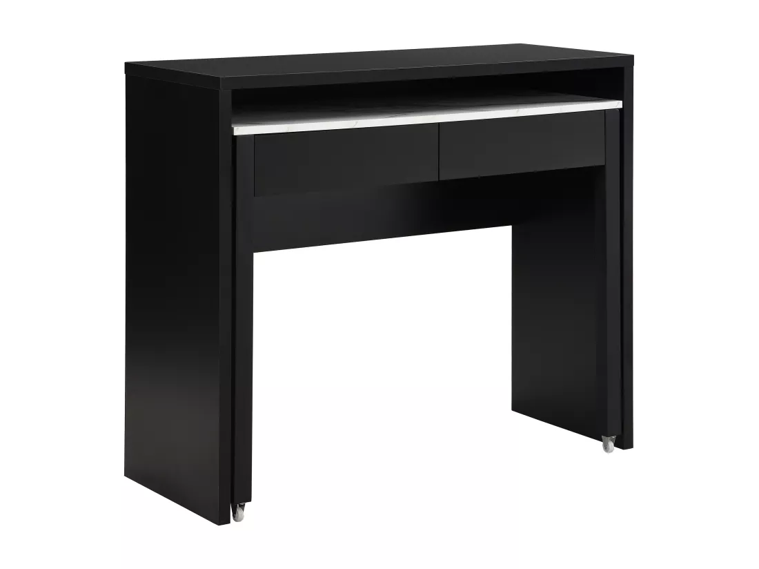 Bureau console extensible avec 2 tiroirs - Noir et effet marbre blanc - LOAVIA