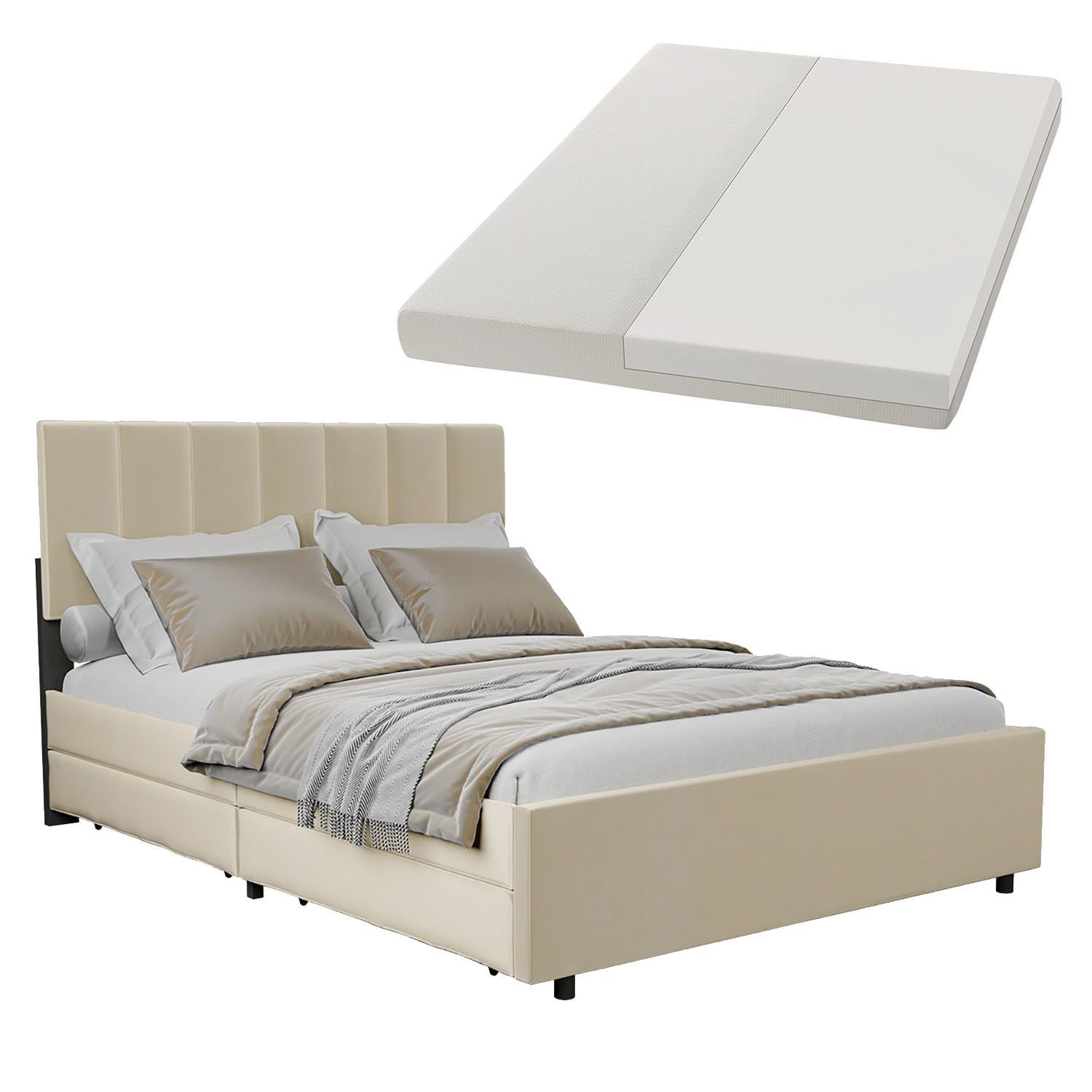 Juskys Samt Polsterbett Soria 140x200 cm mit Matratze, Lattenrost & Schubladen - Bett Beige