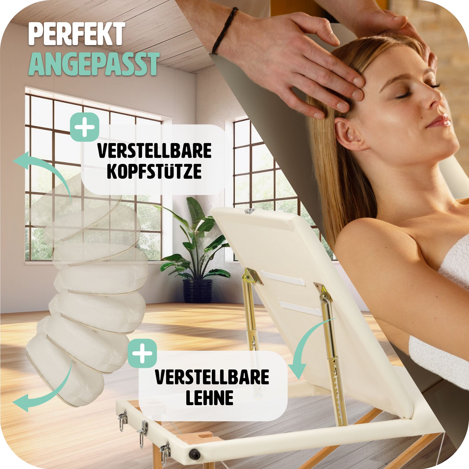 tectake® 3 Zonen Massageliege, mit Holzgestell, verstellbare Ablagen für Kopf und Arme, 210 x 95 x 62 - 84 cm