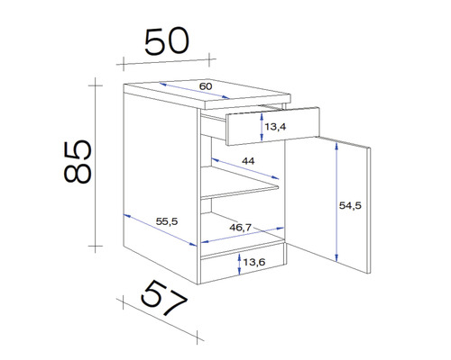 Flex Well onderkast met lade en draaideur Lucca BxDxH 50 x 60 x 85 cm wit mat gedemonteerd scharnier omkeerbaar (links of rechts te monteren)