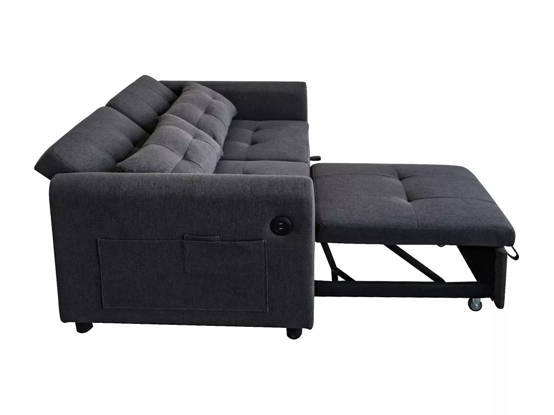 Canapé 3 en 1 - Canapé 2 places - Dossier réglable - Avec port USB - Poches d'accoudoirs + Coussins - Gris