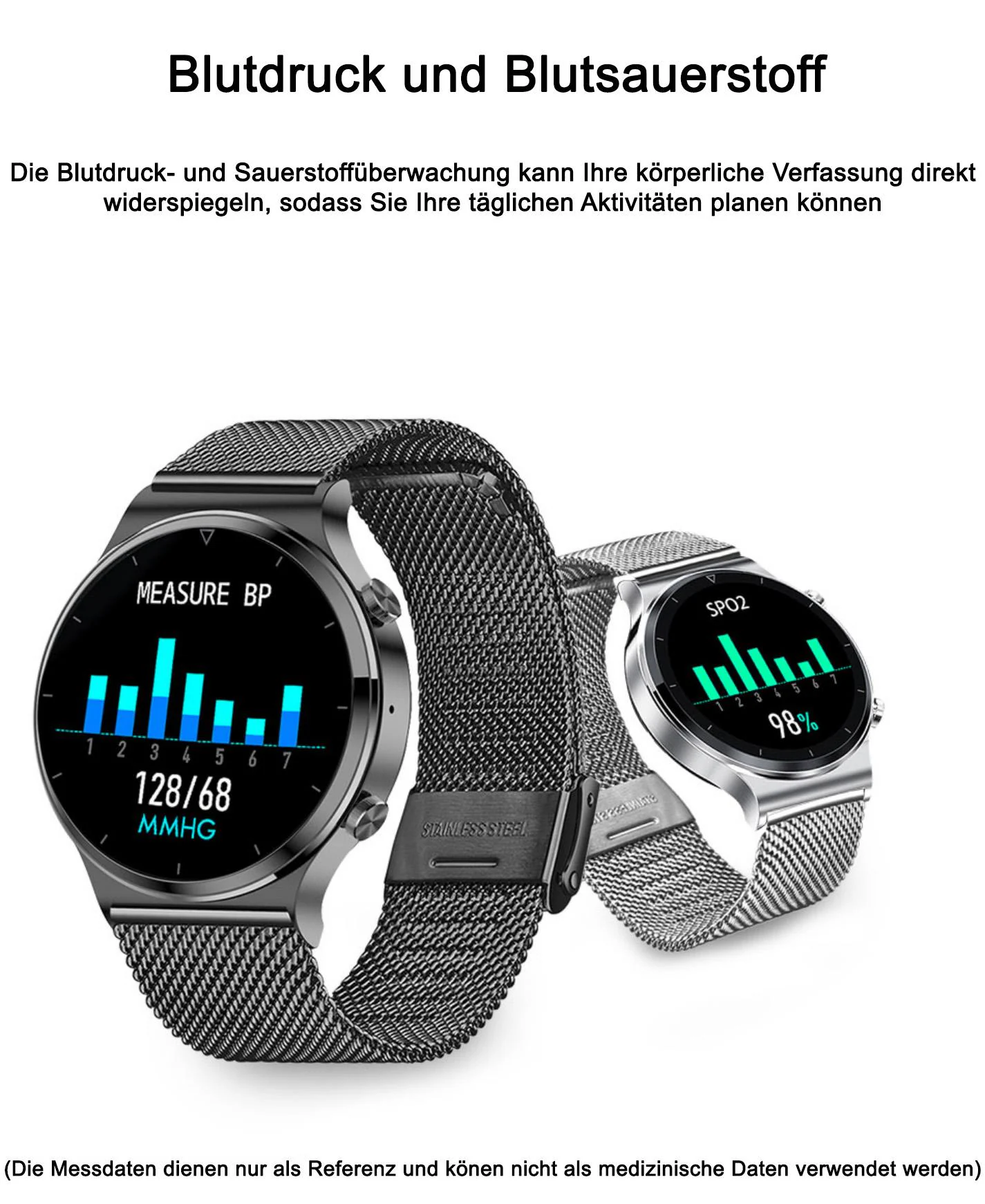 TPFNet Smart Watch / Fitness Tracker IP68 für Damen & Herren - Milanaise Armband - Android & IOS - Silber