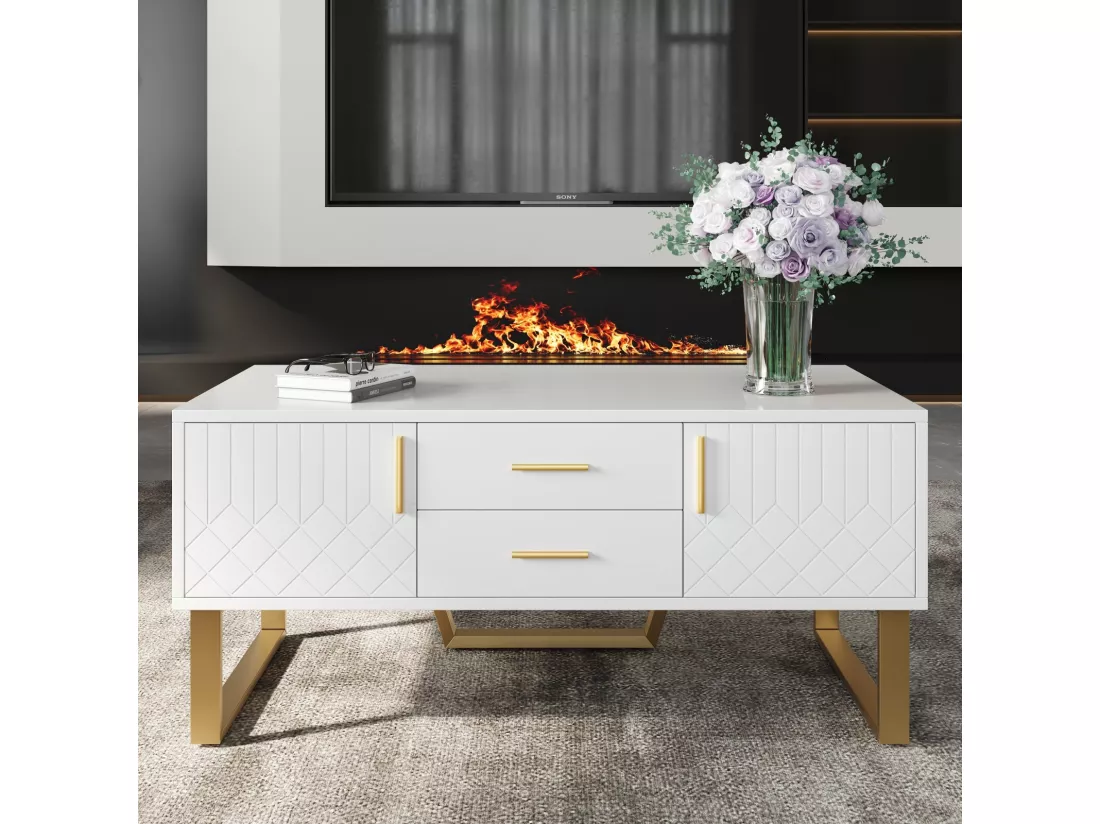 Table basse brillante 2 portes et 2 tiroirs, panneaux de particules, 100x50x45cm, Blanc