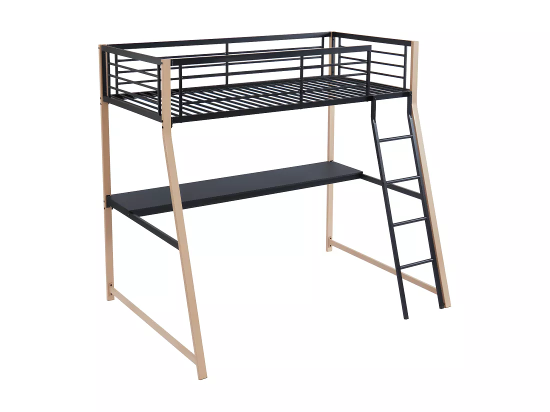 Lit mezzanine MALICIA - 90 x 190 cm - bureau intégré - Noir et chêne
