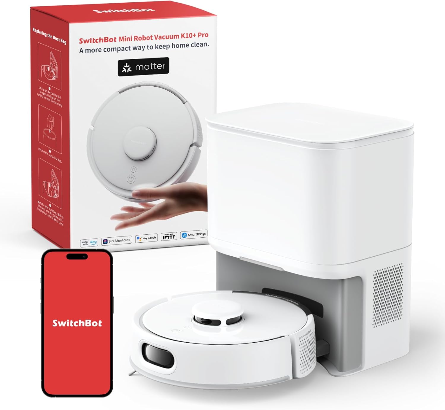 SwitchBot K10+ Pro Saugroboter mit Absaugstation 90 Tage, 45dB Ultraleise, Mini Staubsauger Roboter mit LiDAR-Navigation für Große Eckenabdeckung, Einweg-Feuchttücher zum Wischen, kompatibel mit Alexa