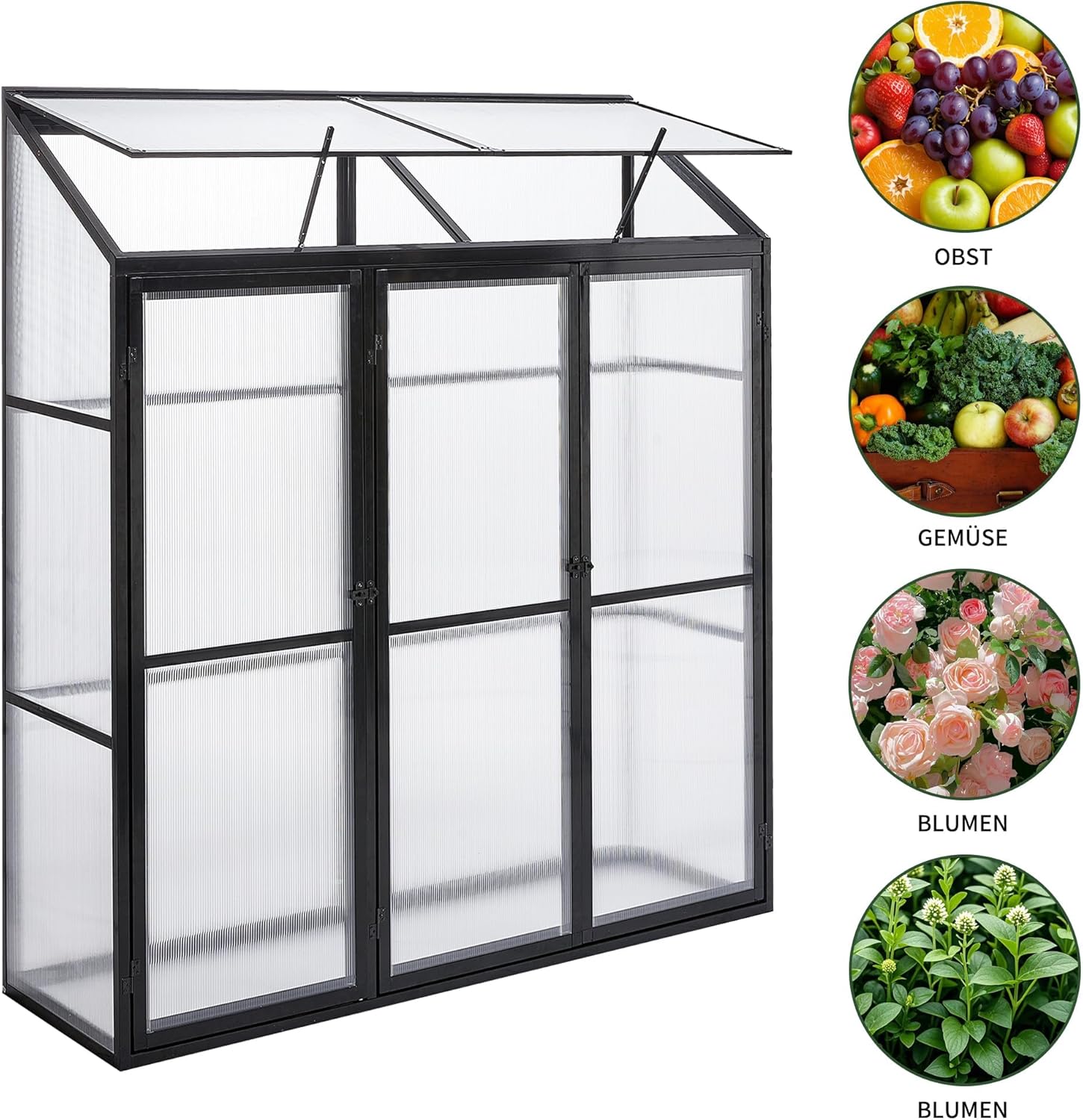Anlehngewächshaus Tomaten Gewächshaus 180x55x190cm Aluminium Beistell-Gewächshaus, Treibhaus Gartenhaus Frühbeet mit Rückwand, Gewächshaus Winterfest Klein, Minigewächshaus, Schwarz