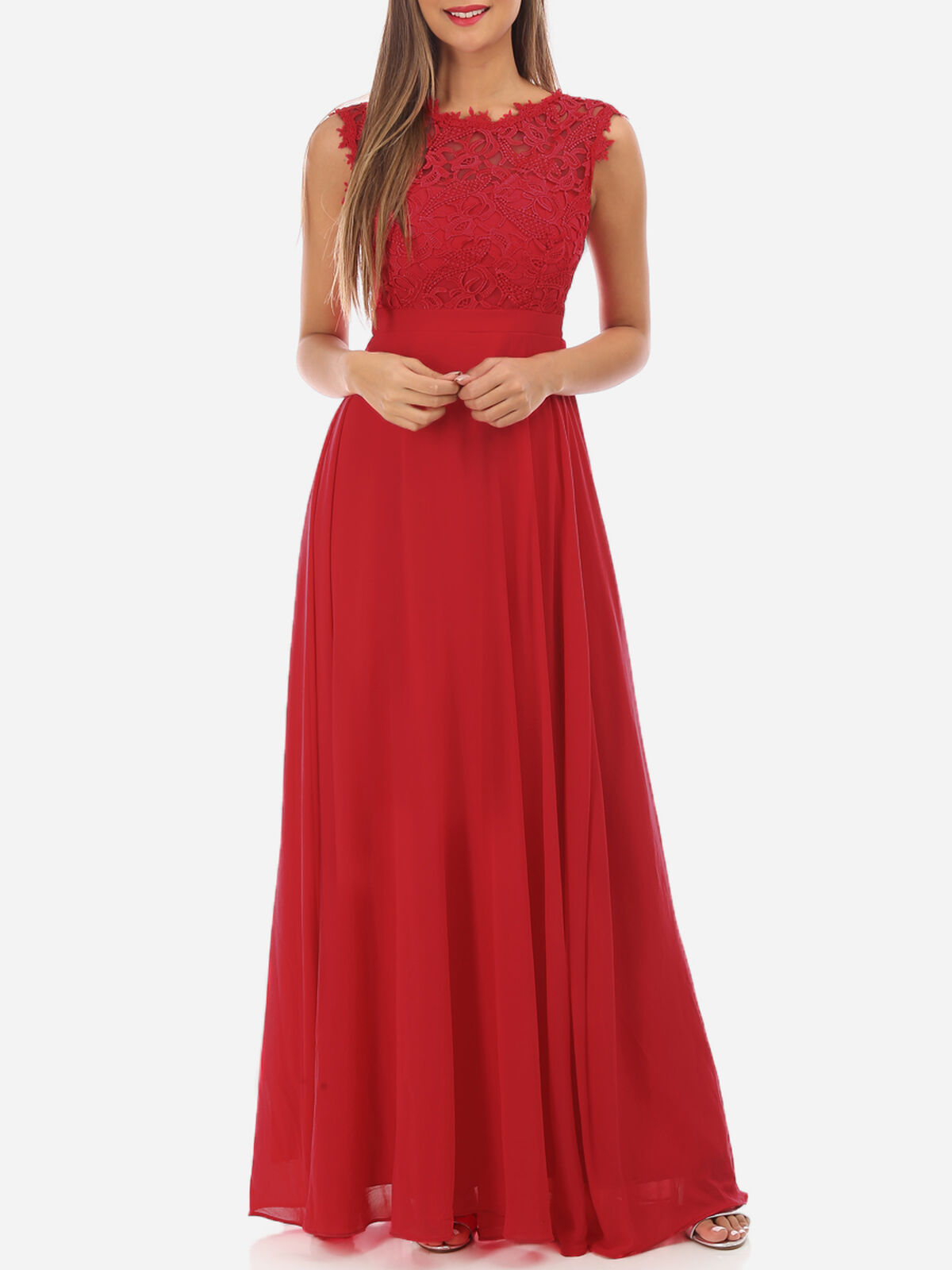 Robe longue à dentelle grandes tailles- Rouge