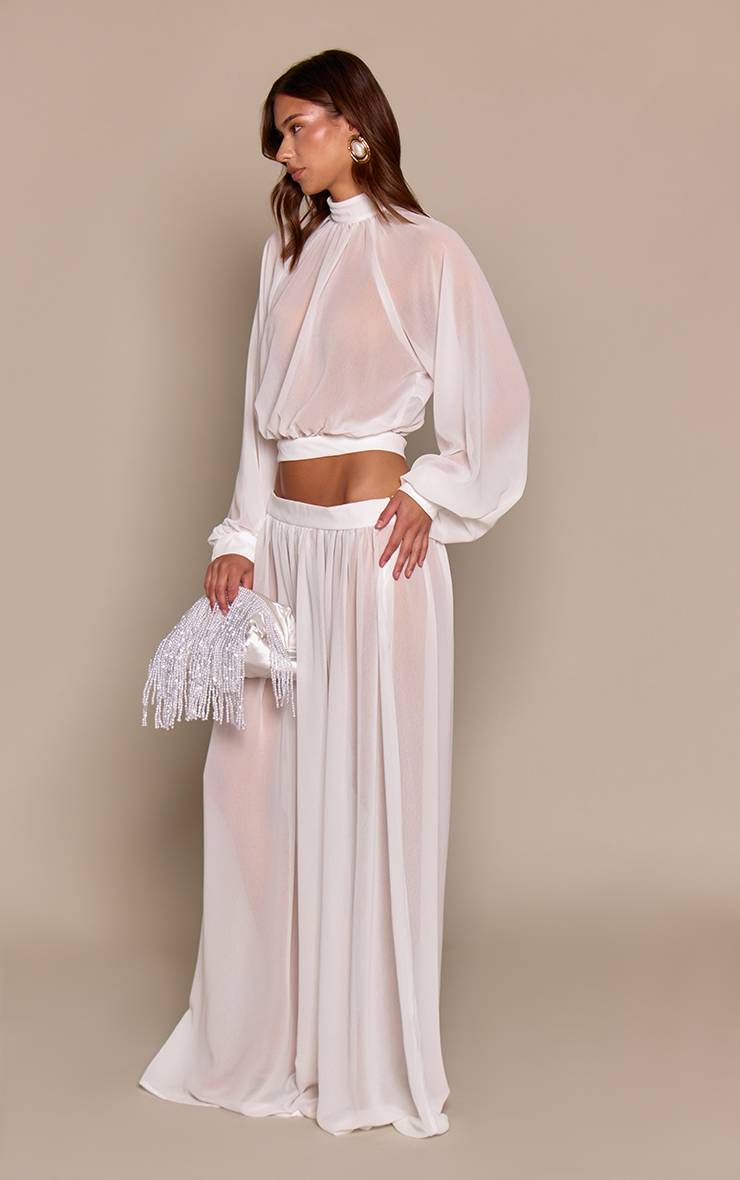 Blanc Blouse Co-ord Dos Nu Manches Ballon En Mousseline Transparente
