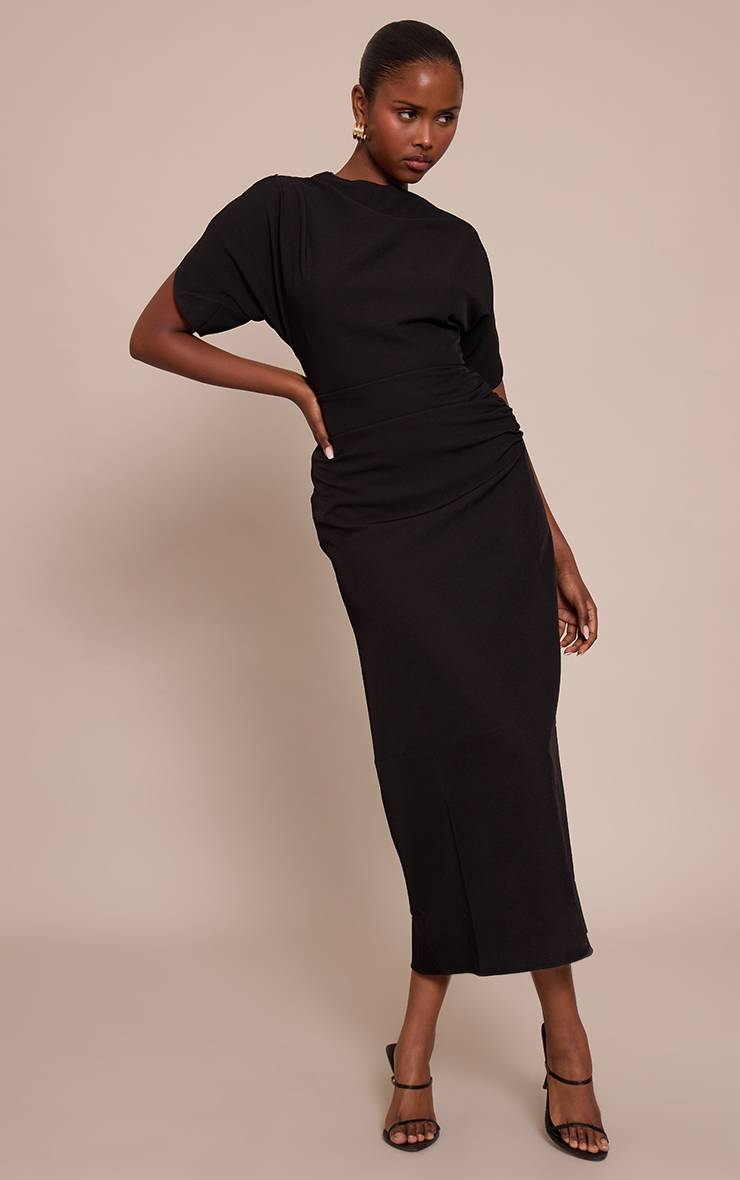 Noir Robe Maxi Ajustée Tissée À Manches Courtes