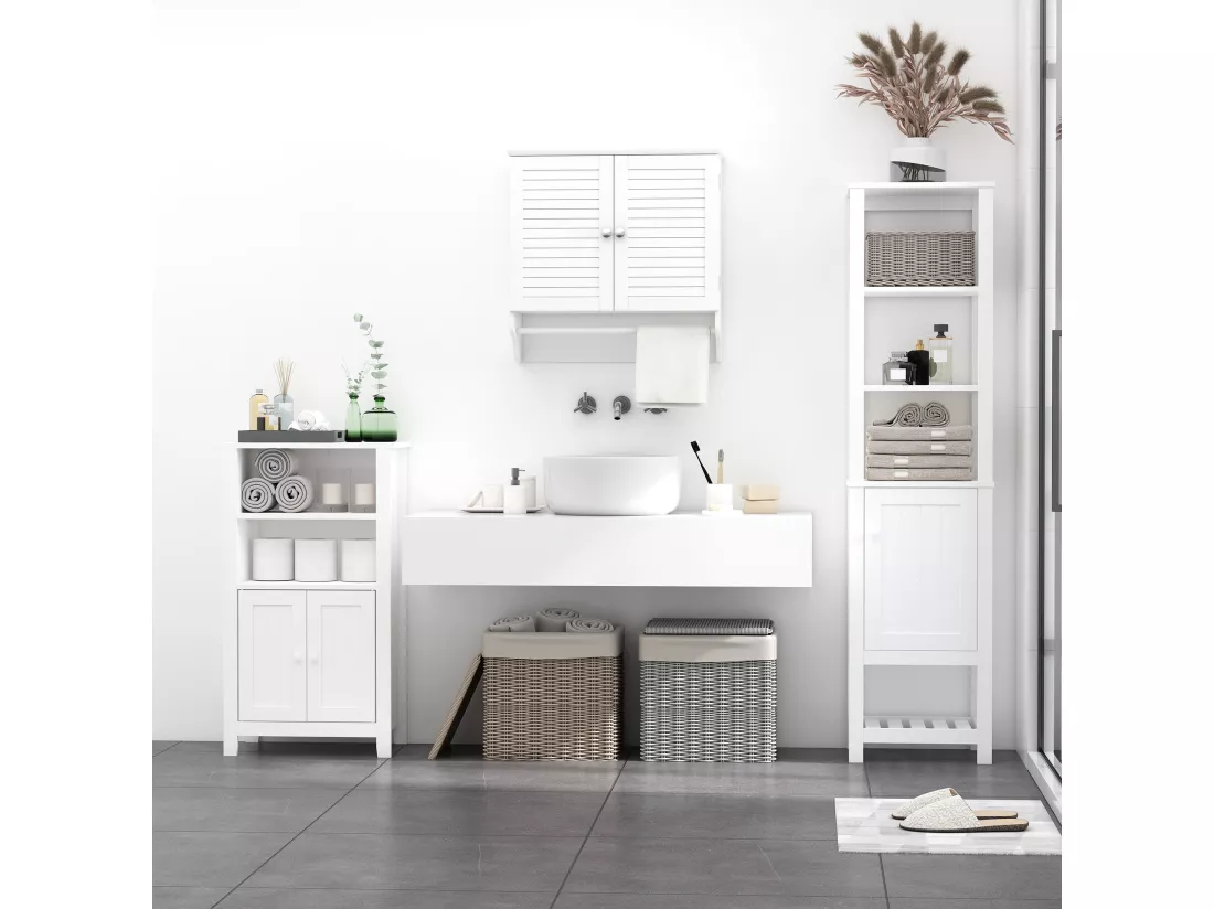 Armoire haute murale salle de bain ou WC - placard 2 portes persiennes avec étagère - porte-serviette - MDF blanc