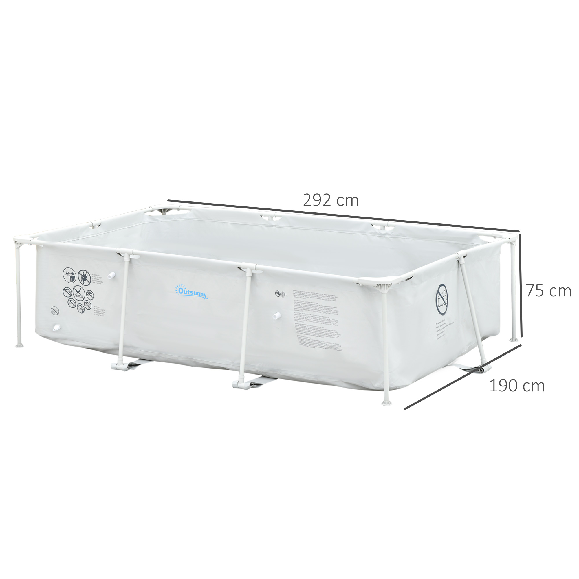 Piscina tubular Outsunny de 292x190x75 cm com bomba de filtro de cartucho de 1200L/H, piscina retangular para exterior para adultos e crianças, capacidade de 3600L, cinza.