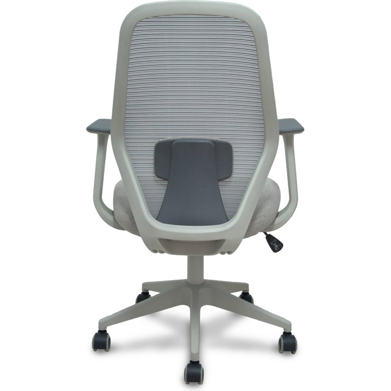 Chaise de bureau Ergo529, dossier en maille grise, assise en tissu gris, piètement gris clair, roulettes en nylon