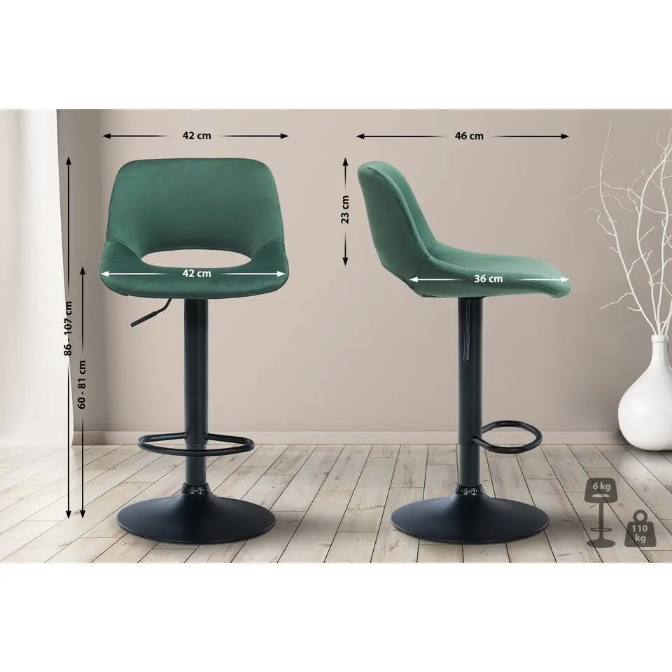 CLP Set van 2 Barkruk Camden mat zwart Frame - Fluweel - groen