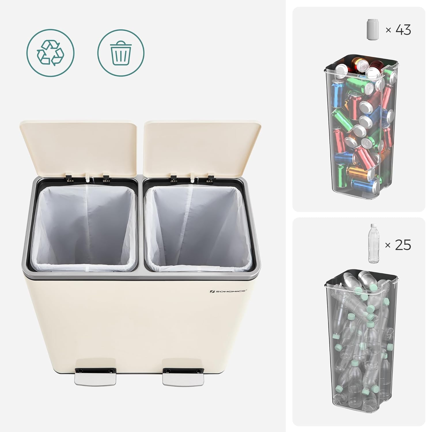 SONGMICS Mülleimer, 2 x 30 Liter, 2 Fächer, Mülltrennsystem, Treteimer, Abfalleimer Küche, 15 Müllsäcke, Metall, Inneneimer aus Kunststoff, Klappdeckel, Softclose, luftdicht, mandelfarben LTB060A01