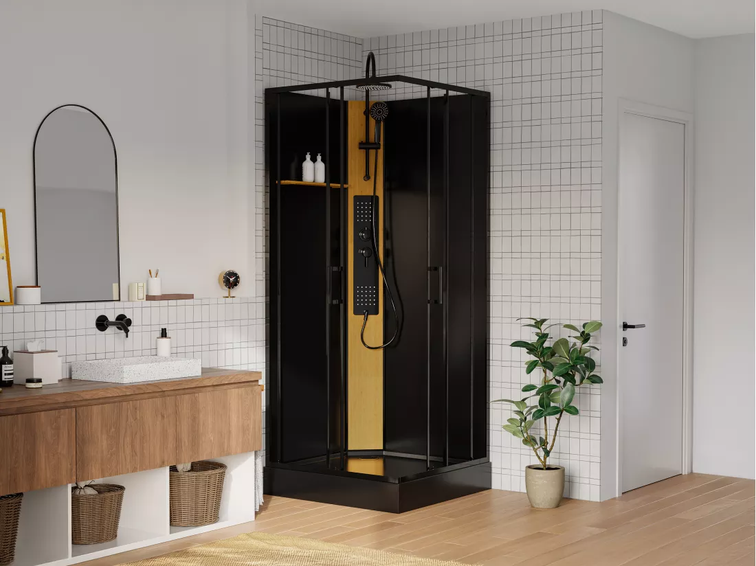Cabine de douche hydromassante carrée avec panneau en bambou - Noir - L90 x l90 x H225 cm - DESULO