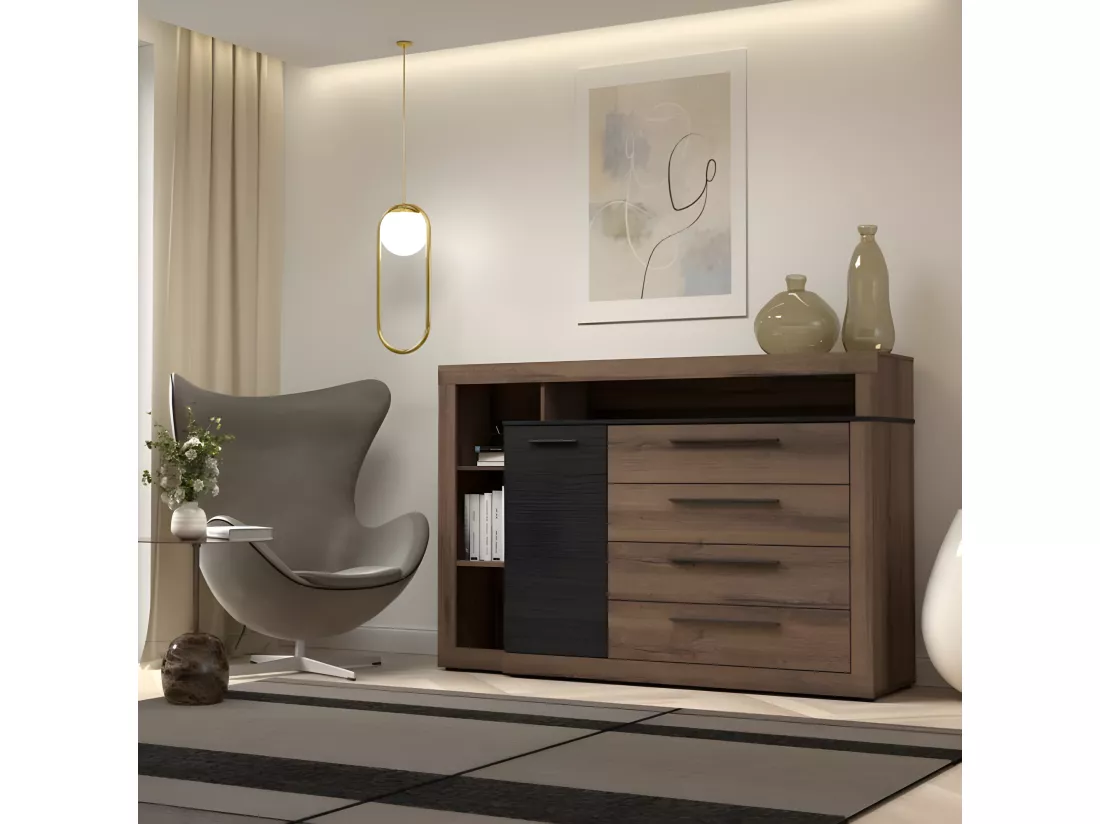 Commode 4 tiroirs 1 porte décor chêne foncé et noir - RIVIERA