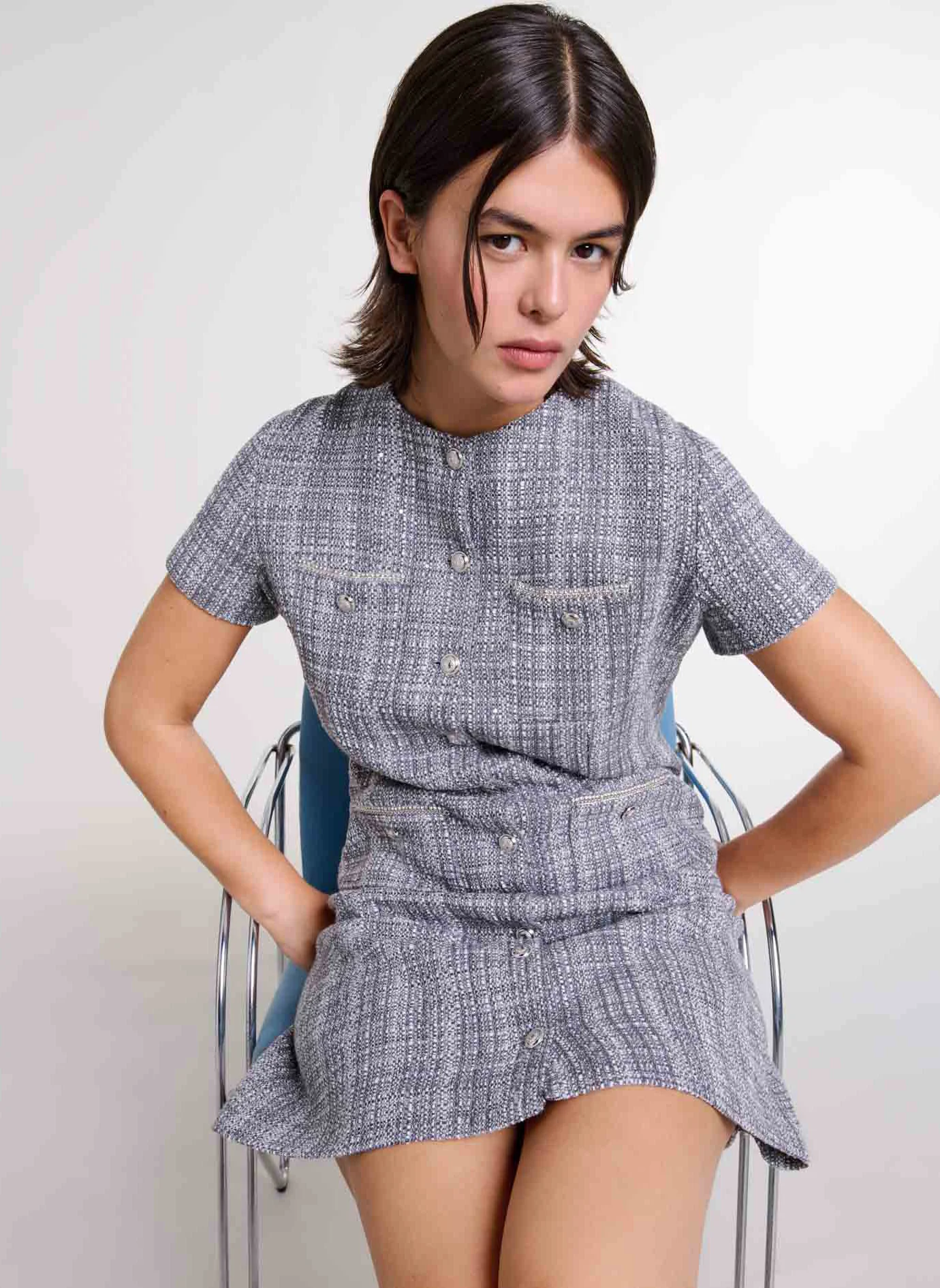 Robe courte col rond en coton mélangé | Gris