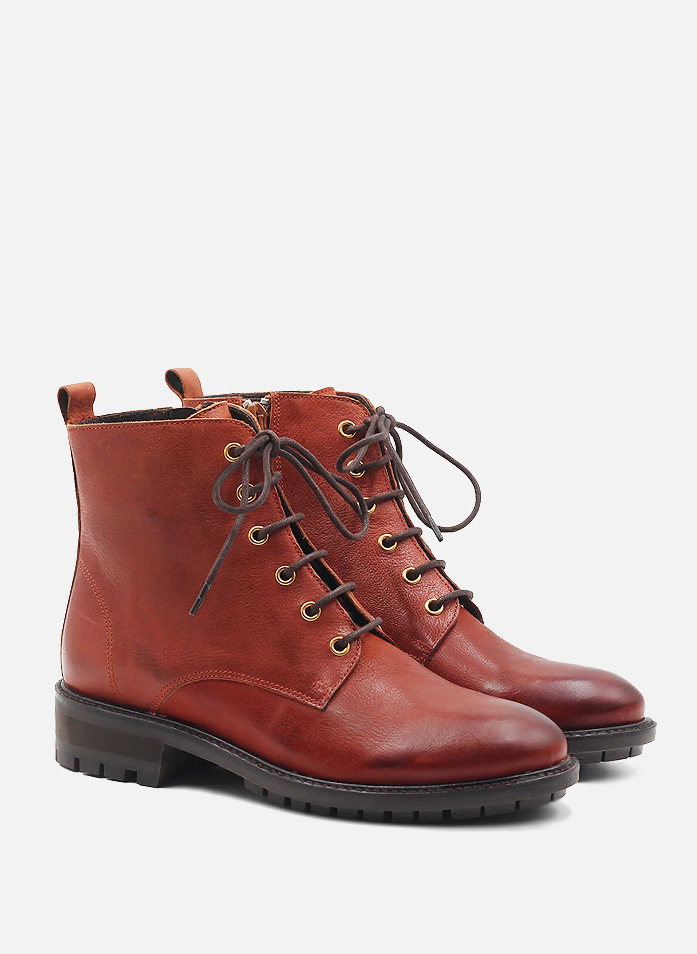 Bottines plates à lacet cuir lisse | Marron