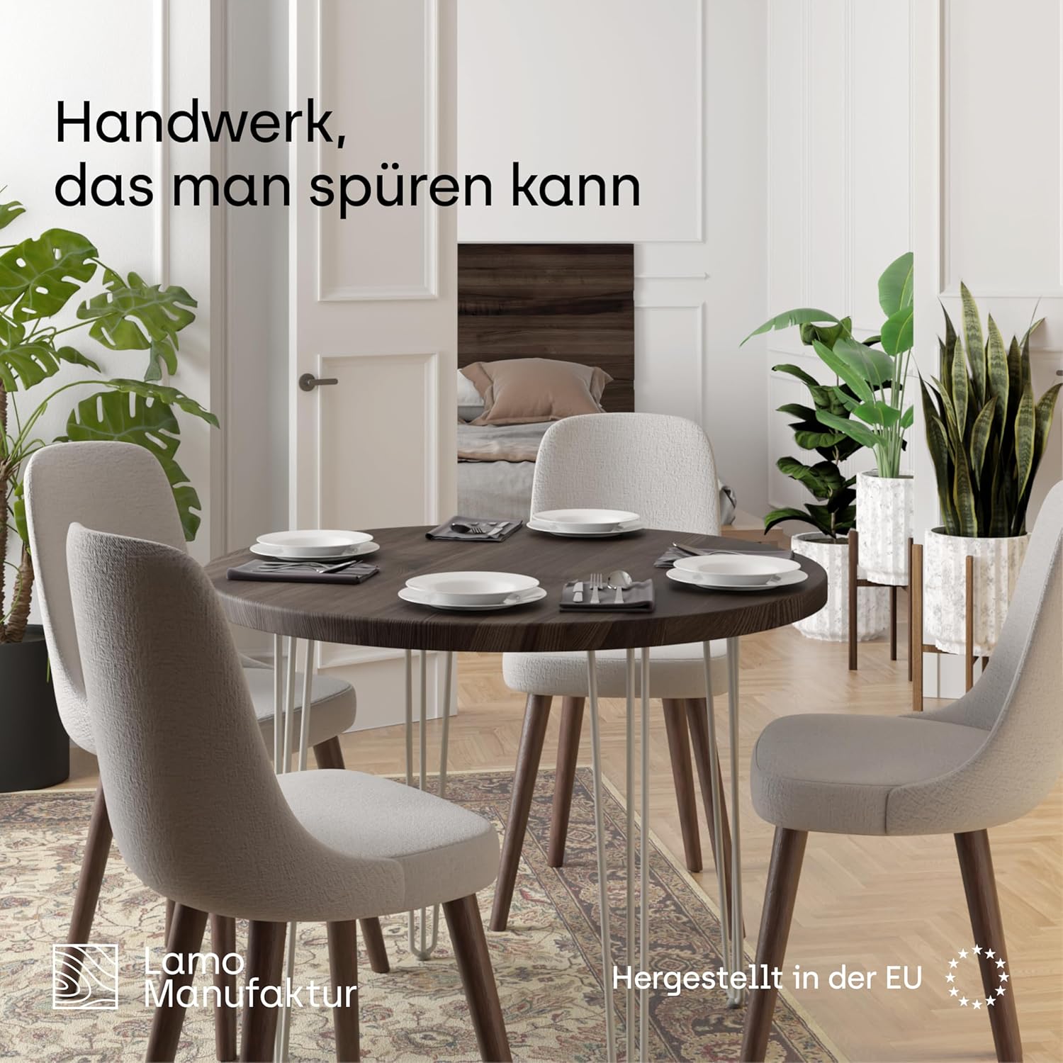 LAMO Manufaktur Esstisch rund 100cm | Wohnzimmertisch Holz, Bistrotisch | Runder Tisch für Küche, Restaurant | Stärke: 40mm, Farbe: Rustikal, Beine: Elfenbein