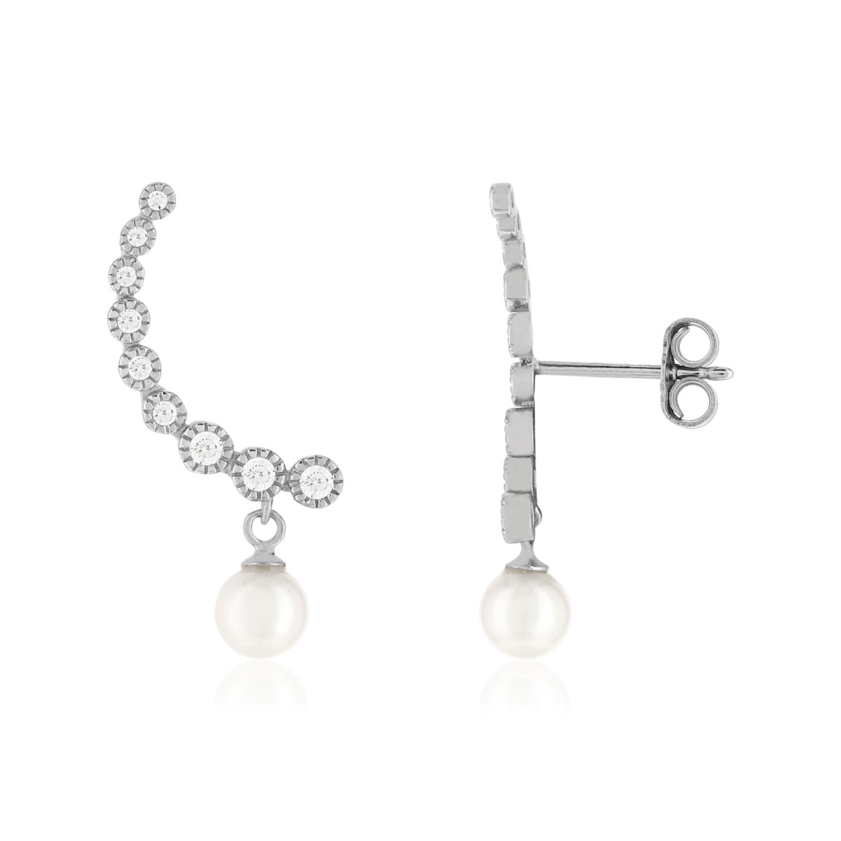 Boucles d'oreilles contours argent 925 zirconias et perles de culture de Chine.