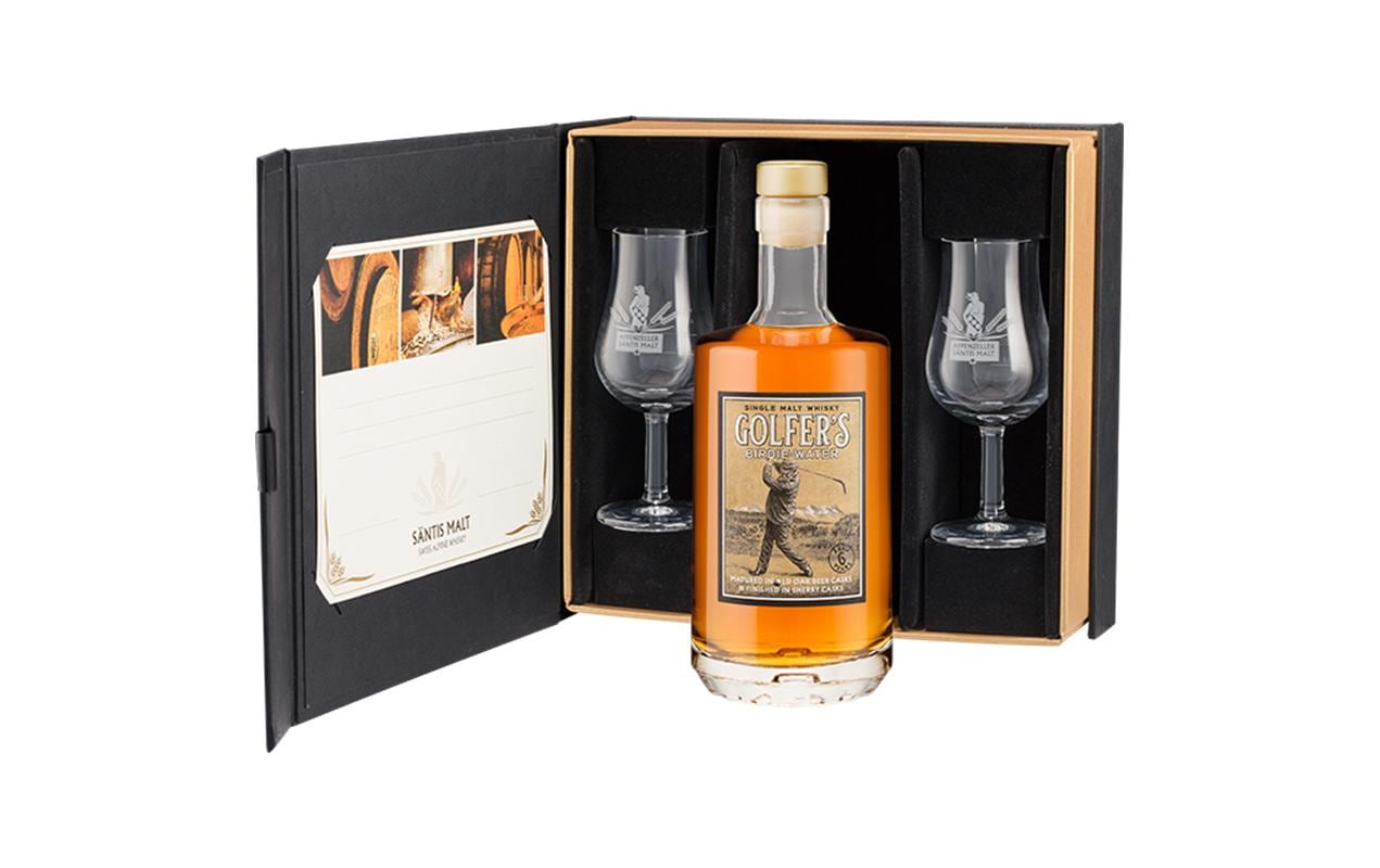 Geschenkset Golfers Birdie Water 0.5 l & 2 GläserGeschenkbox mit Appenzeller Single Malt Whisky und 2 Gläsern